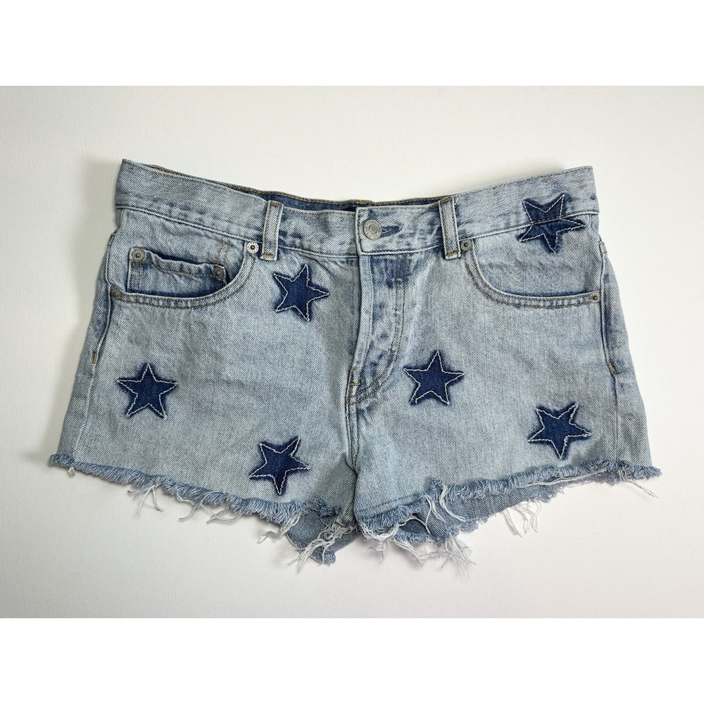 RAILS Women's 26 Logan Star Patches Denim Blue Jean Micro Shorts Cutoff Festival